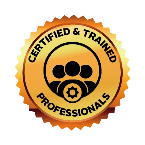 Orange and black seal reading Certified & Trained Professionals with a group icon and gear symbol at the center.