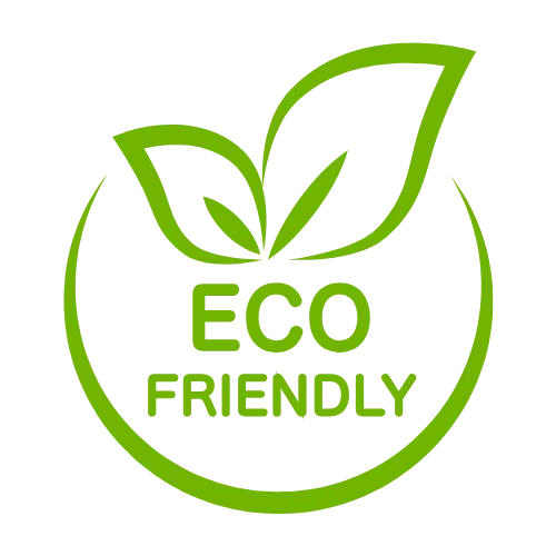 A bright green eco friendly leaf emblem with a circular outline and bold lettering appears against a black background beside the words ECO FRIENDLY.