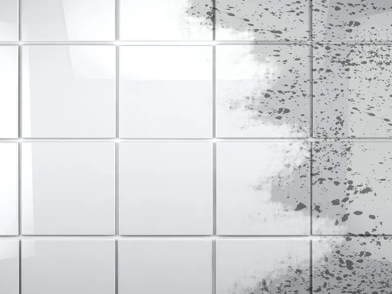 A white tiled wall shows gray grout buildup and splattered grime along the right side, reflecting tile and grout cleaning concerns in a bright space.