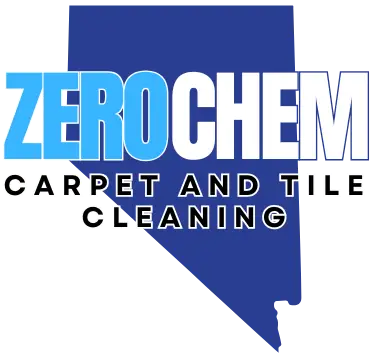 Zero Chem Las Vegas logo in blue and white on a dark background, with Carpet and Tile Cleaning in bold text across the center.