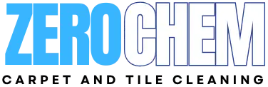 Zero Chem Las Vegas wordmark in blue and white with Carpet and Tile Cleaning underneath on a dark background, framed by a thin border.