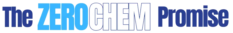 Bold blue and white lettering spells The ZERO CHEM Promise beside a dark navy wordmark on a clean white background for commercial cleaning services in Las Vegas.